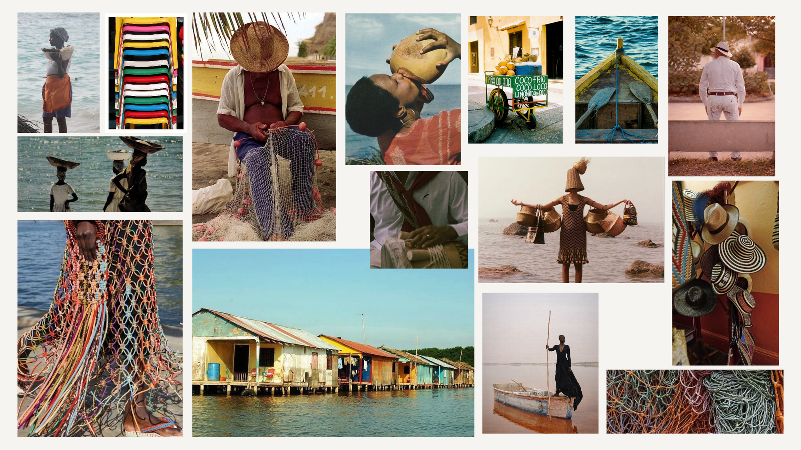 Tablero de concepto de Palafitos: collage del territorio, la pesca, las redes, los oficios del litoral y los palafitos