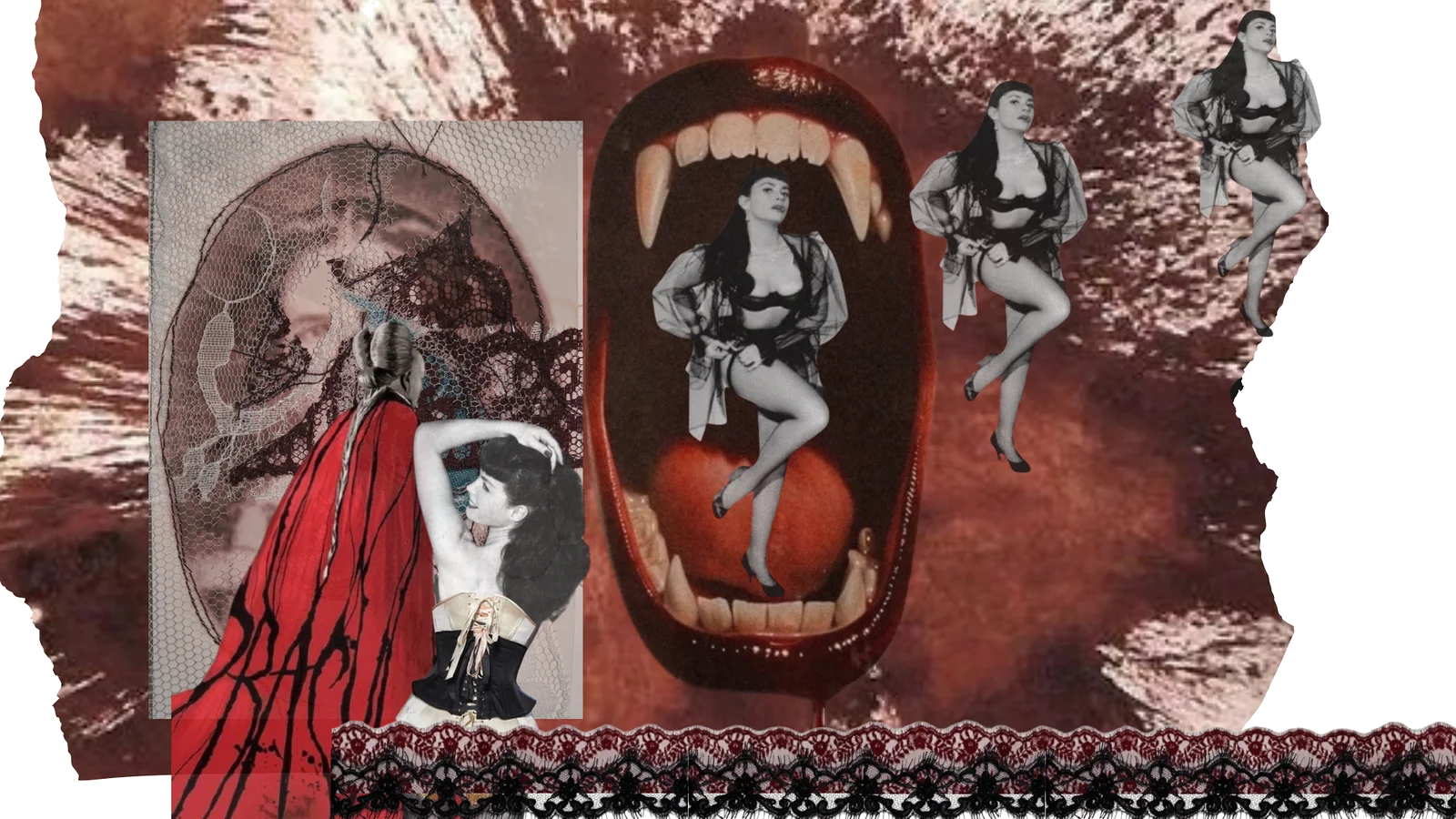 Moodboard de Velvet Sin: collage goth burlesque con colmillos, corsetería, encaje y telón rojo